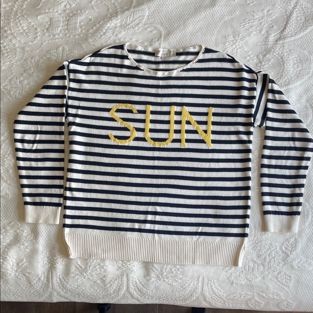 LOFT Navy & White Striped Crewneck Sweater with Yellow 'SUN'